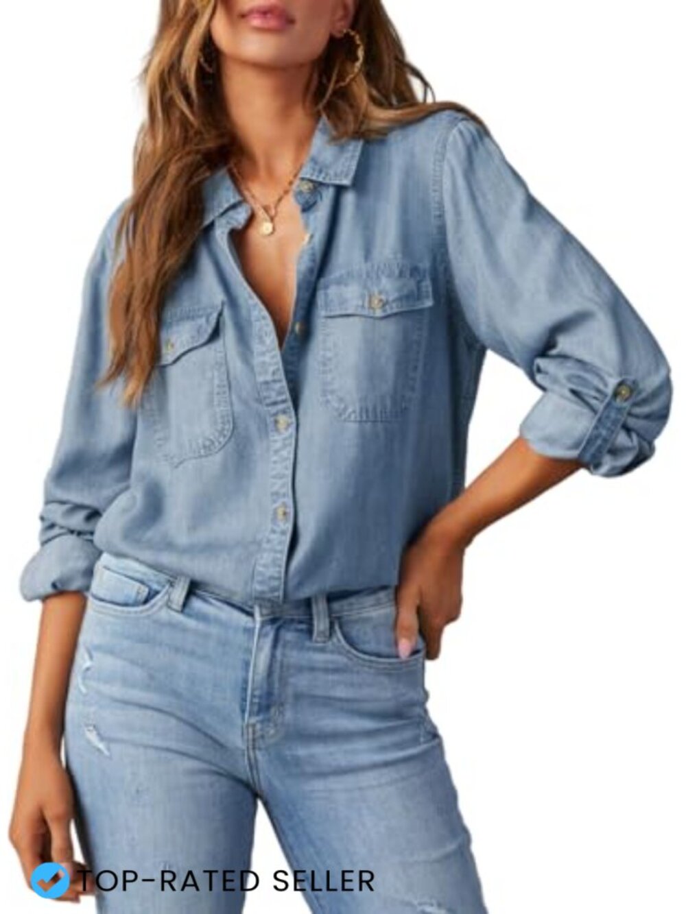 Women's Denim Button Down Shirt Chambray Blouse Long Sleeve